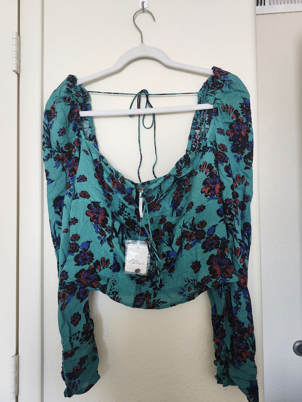 Free People Teal Floral Long-Sleeve Peasant Blouse